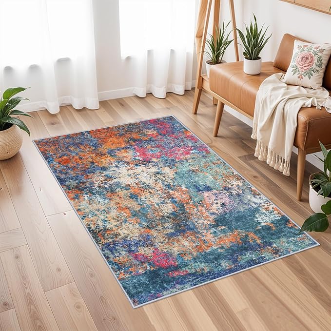 2x3 Rug Washable Runner for Entryway: Abstract Non Slip Bathroom Area Rug for Kitchen Floor Laundry Room - Small Soft Low-Pile Ultra Thin Rainbow Throw Door Mat for Modern Home Decor (2x3 Colorful)
