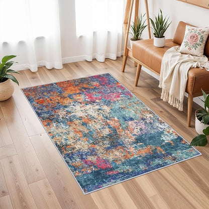 2x3 Rug Washable Runner for Entryway: Abstract Non Slip Bathroom Area Rug for Kitchen Floor Laundry Room - Small Soft Low-Pile Ultra Thin Rainbow Throw Door Mat for Modern Home Decor (2x3 Colorful)