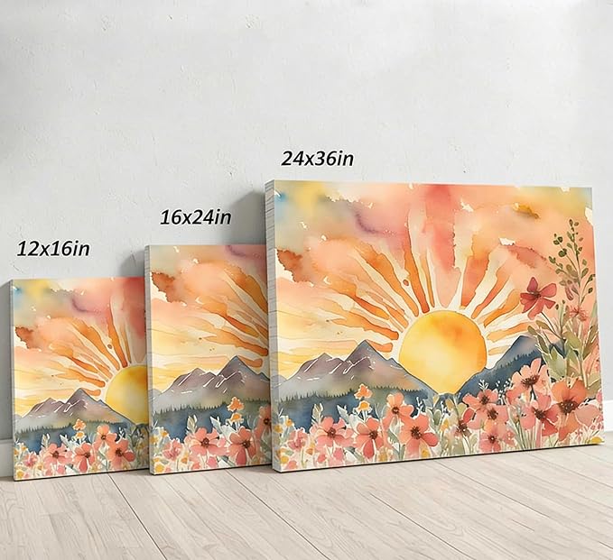Boho Sun Canvas Wall art Mid-Century Modern Abstract Bohemian Sunset in The Mountains Watercolor Wildflowers Sunrise Landscape Picture Wall Decor Poster Print Artwork for Living Room Bedroom