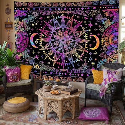 Leeisysme Hippie Sun and Moon Tapestry, Blacklight UV Reactive Neon Tie Dye Celestial Wall Hanging for Living Room Bedroom Home Decor, Purple 44x60 inches