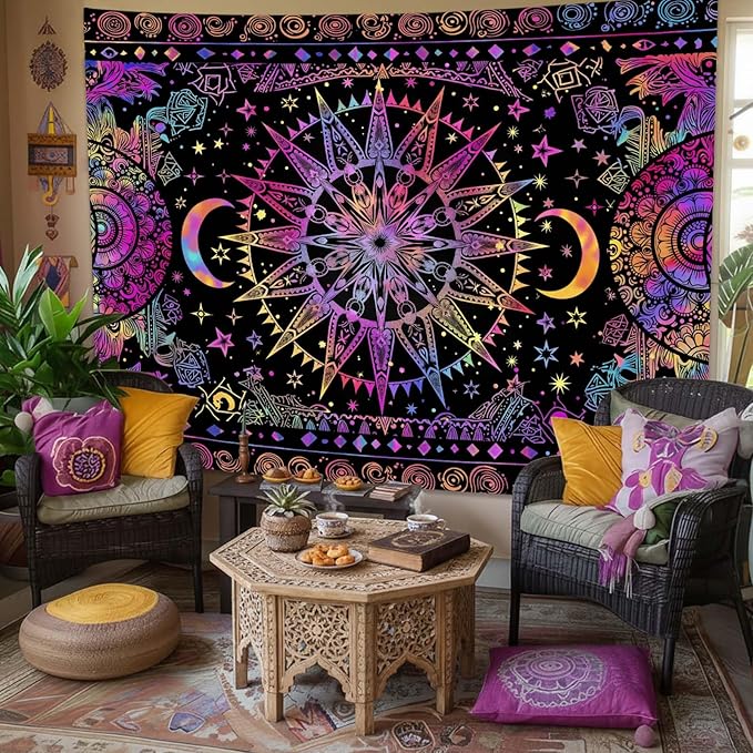 Leeisysme Hippie Sun and Moon Tapestry, Blacklight UV Reactive Neon Tie Dye Celestial Wall Hanging for Living Room Bedroom Home Decor, Purple 36x48 inches