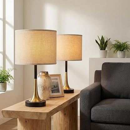 16.5'' Modern Table Lamps Set of 2 with Gold Metal Base and Linen Shade, Mid-Century Bedside Nightstand Lamps for Living Room and Bedroom(Bulb NOT Included)