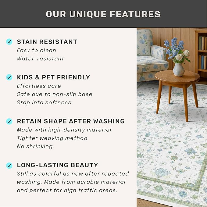 Hazo Haus Oushak 3x16 Wide Hallway Runner Rug - Vintage Turkish Floral, Washable Low Pile Non Slip 16ft Extra Long Runners for Large Kitchen, Hall Way - Light Blue and Green Décor