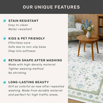 Hazo Haus Oushak 3x16 Wide Hallway Runner Rug - Vintage Turkish Floral, Washable Low Pile Non Slip 16ft Extra Long Runners for Large Kitchen, Hall Way - Light Blue and Green Décor