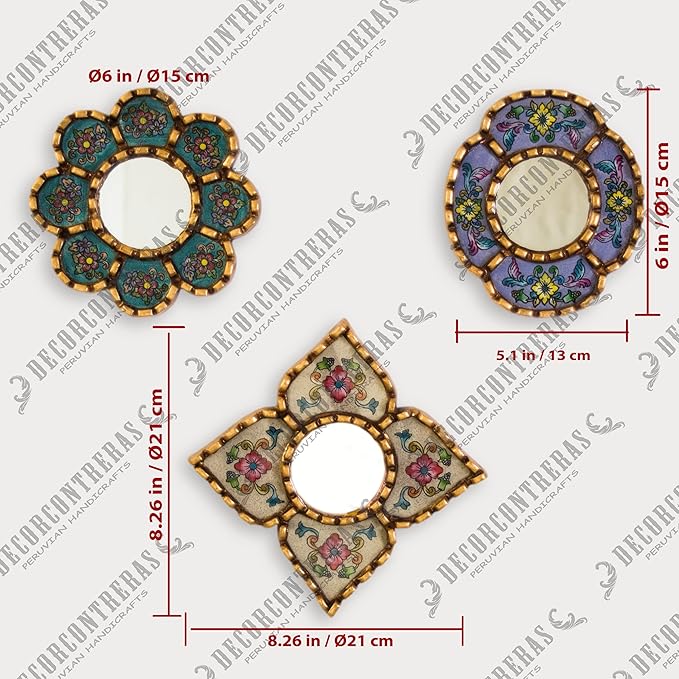 Artisan Handcrafted Wall Mirror Set, 3 Floral Shape Mirrors, Bronze Finish Frame, Turquoise Purple Beige Glass