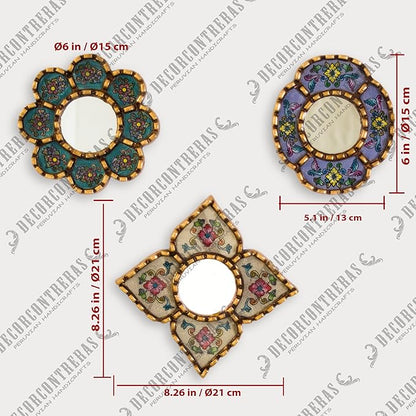 Artisan Handcrafted Wall Mirror Set, 3 Floral Shape Mirrors, Bronze Finish Frame, Turquoise Purple Beige Glass