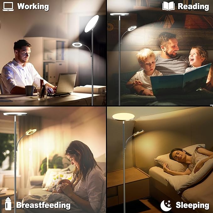 2025 Floor Lamp, 42W 4200LM Torchiere LED Lamp for Living Room, Stepless Dimming Floor Lamps with Remote Control, 2700K-6500K Color, 70" Tall Standing Lamp with Reading Light for Bedroom Office Hotel