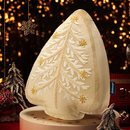 Phantoscope Merry Christmas Tree Decorative Throw Pillow, Velvet Beads Embroidery 3D Shaped Cushion, Suitable for Sofas, Living Rooms, and Beds, Beige, 18 x 14 in