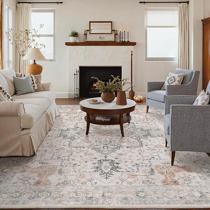Bavni 8x10 Area Rug Washable Rug for Living Room Bedroom, Washable Vintage Print Carpet, Low Pile Rug with Non Slip Backing, Light Taupe Brown
