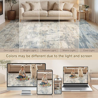 cotiled 3x5 Area Rugs for Living Room - Washable Neutral Abstract Carpet Non Slip Soft Rug for Bedroom & Dining Table, Robot Vacuum & Pet Friendly Floor Decor Grey Light Blue