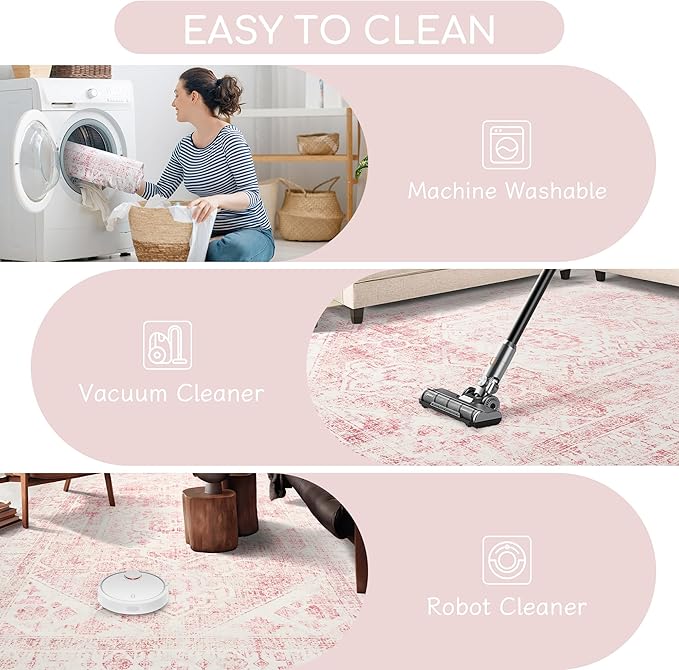 Sofrug Area Rug - 6x9 Washable Pink Rug Honeycomb Non Slip Retro Rugs Soft Faux Wool Carpet Foldable & Machine Washable Rugs for Living Room Bedroom Dining Room Kitchen