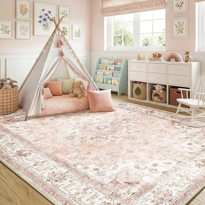 CAPALOCA Machine Washable Rugs Nursery Rug 4x6 Cute Girl Non Slip Low Pile Water Repellent Soft Print Pattern for Bedroom Indoor Decor Kids Playroom Pink