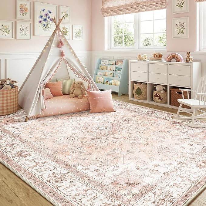 CAPALOCA Machine Washable Rugs Nursery Rug 6x9 Cute Girl Non Slip Low Pile Water Repellent Soft Print Pattern for Bedroom Indoor Decor Kids Playroom Pink