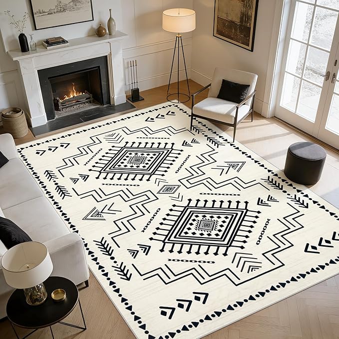 Joydeco Moroccan Rug 8x10 for Living Room, Modern Washable Area Rugs for Bedroom, Low Pile Western Carpet for Dining Room Table, Distressed Aztec Soft Carpet for Office Home Decor, Ivory