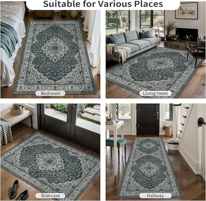 Tangsoo Vintage 2x6 Washable Runner Rug for Hallways,Grey Green Non-Slip Low Pile Long Rug Runner,Floral Soft Indoor Carpet Runner for Kitchen Bedroom Entryway Laundry