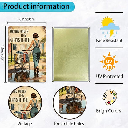 Drying Under The Sunshine Tin Sign Rustic Laundry Room Decor Vintage Metal Wall Art for Farmhouse Kitchen Bathroom 12x8 Inch
