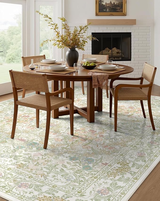 Farmhouse Sage Green Washable Living Room Rug 5x7, Floral Area Rug for Bedroom, Nursery, Dining Room Under Table, Home Office, Low Pile Non Slip Boho Carpet, Soft Cottagecore Botanical Accent Mat