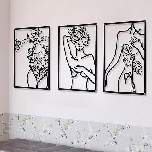 CHENGU 3 Pieces Metal Minimalist Abstract Woman Wall Art Line Drawing Wall Art Decor Single Line Female Home Hanging for Kitchen Bathroom Living Room