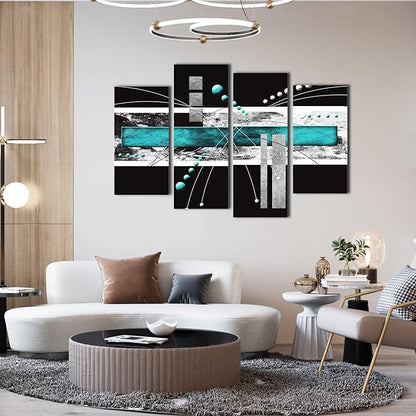 YPY Large Black Teal Canvas Wall Art - 4 Pieces Modern Abstract Picture Set for Home Decoration - Contemporary Painting Artwork for Living Room Bedroom 64x42