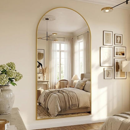 Suidia 88"x44" Arched Full Length Mirror with Stand, Full Body Mirror with Aluminum Frame, Freestanding/Leaning/Wall-Mounted, Floor Mirrors for Bedroom, Living Room, Entryway, Dressing Room, Gold