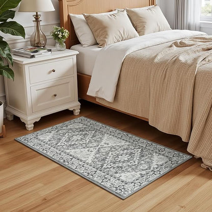 Lessymo 2 x 4 Entryway Rug, Machine Washable Area Rugs Boho Faux Wool Low Pile Area Rug for Bedroom, Floral Medallion Vintage Outdoor Rugs with Non-Slip Rubber, Grey Beige