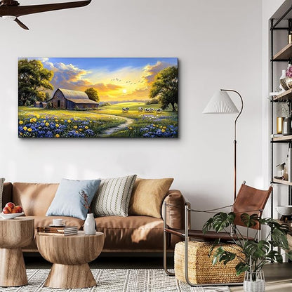 crmotu Rustic Farmhouse Wall Art, Nature Pastoral Landscape Large Artwork, Dairy Cow Farm Sunset Canvas Painting, Meadow Wildflower Pictures Wall Decor Living Room Kitchen Bathroom Art Prints 20X40 In