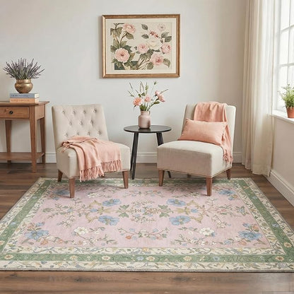GENIMO Runner Rug 2x5 Non Slip Machine Washable Vintage Hallway Runner Rug, Low Pile Lightweight Rugs for Entryway, Hallway, Kitchen and Corridor, Light Green Pink