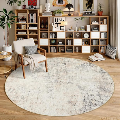 Large Round Rug 8ft: Neutral Round Area Rugs for Living Room Dining Room Bedroom - Soft Non-Slip Circle Carpet 8' - Modern Abstract Beige