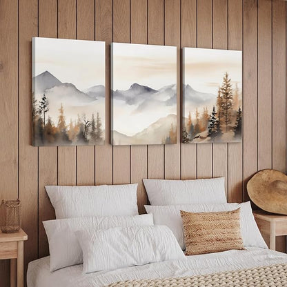 Neutral Mountain Wall Art Decor Set of 3 Forest Canvas Wall Art Poster Landscape Wall Art Artwork Modern Pictures Abstract Painting Watercolor Prints for Living Room Bedroom 12x16 Inch Wrapped Canvas