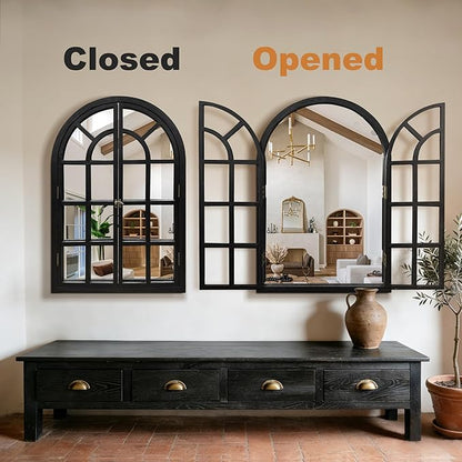 TRAHOME Arched Windowpane Mirror, 26"x38" Black Wood Frame Rustic Farmhouse Wall Mirror, Vintage Decorative Window Mirror for Living Room, Entryway, Bathroom