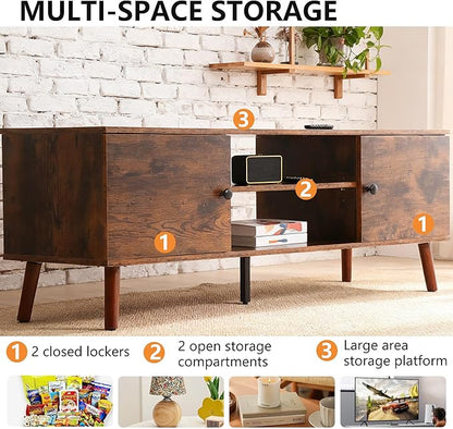 PayLessHere TV Stand for 55/60 Inch TVs,Modern Media Console with 2 Storage Cabinets and Open Shelves,Entertainment Center for Living Room, Bedroom,Brown