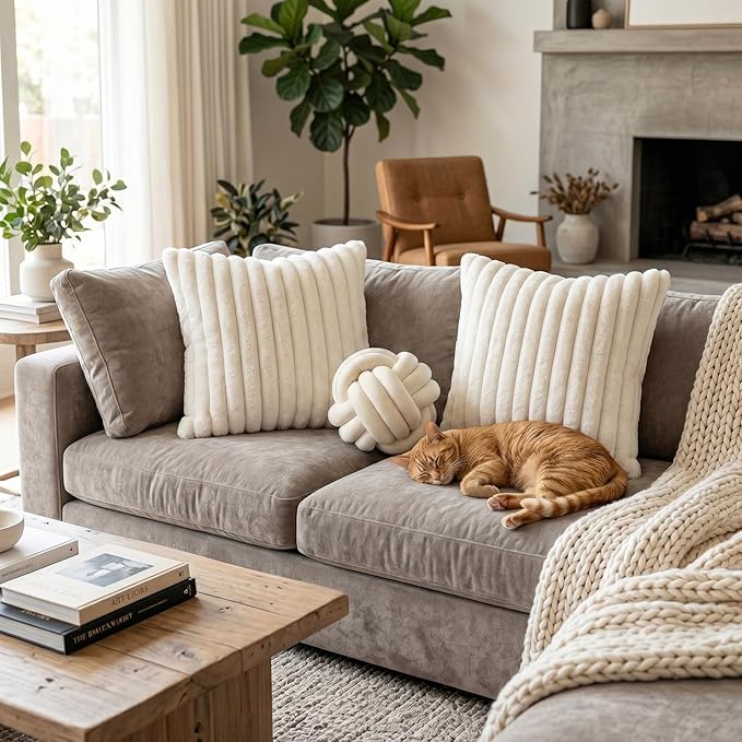 Tegeme Set of 3 Knot Pillow Ball and 18" Throw Pillowcases Fuzzy Striped, Soft Knotted Home Decor Pillow, 2 Faux Fur Cushion Covers Aesthetic Cushion and Cases for Sofa Bed Bedroom Living Room(Cream)