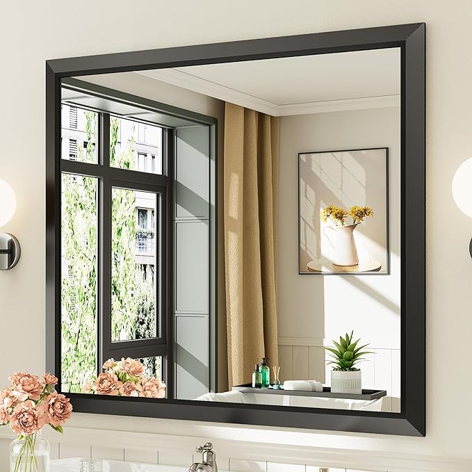 Briivue 40x36 Inch Black Bathroom Mirror for Wall, Thick Metal Framed Rectangle Mirrors for Over Sink, Bedroom, Living Room, Entryway, Anti-Rust, HD Tempered Glass