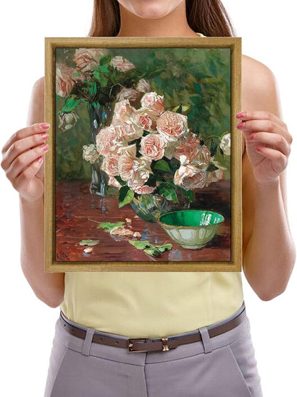 Pyradecor Framed Canvas Wall Art Vintage Living Room Decor White Roses Canvas Prints Mid Century Wall Art for Bedroom Office Farm House Kitchen Decorations