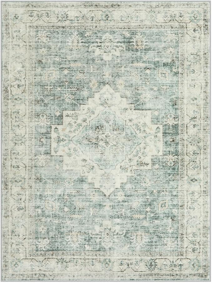 LIVEBOX Washable Area Rug 9x12 Rugs for Living Room Bedroom, Non-Slip Boho Indoor Carpet for Dining Room Office, Low-Pile Farmhouse Soft Carpets for Kids Nursery Playroom, Sage Green