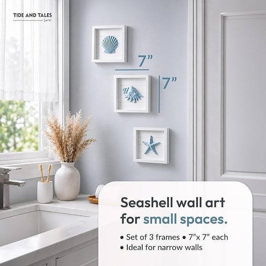 TideAndTales Blue Seashells and Starfish (Framed Set of 3) Coastal 3D Wall Art, Beach Wall Decor for Bathroom or Coastal Bedroom, Ocean Inspired Seaside Decorations for Home or Beach House (7"x7")