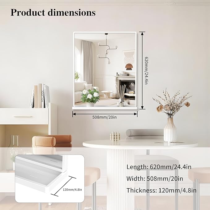 Bathroom Mirror with Shelf, White Rectangle Wall Mirror Metal Frame, Hanging Horizontal or Vertical (24'' X 20'')