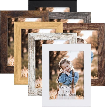 PETAFLOP 5x7 Picture Frame Set of 7, Wooden Rustic Photo Frames 5 by 7 for Tabletop and Wall Display, Assorted Colors