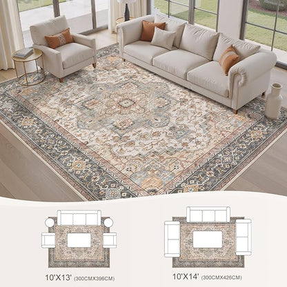 Washable Area Rugs for Living Room -10x13 Neutral Vintage Distressed Floral Farmhouse Boho Large Soft Floor Rug Indoor Non Slip Carpet for Living Room Bedroom Dining Room Office - Forest Green Orange