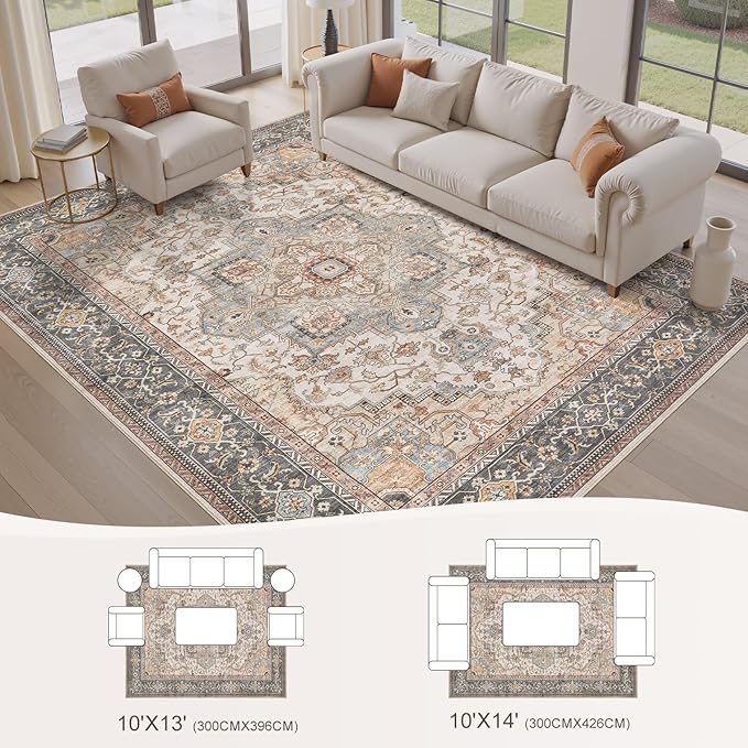 Washable Area Rugs for Living Room - 10x14 Neutral Vintage Distressed Floral Farmhouse Boho Large Soft Floor Rug Indoor Non Slip Carpet for Bedroom Dining Room Office - Forest Green Orange