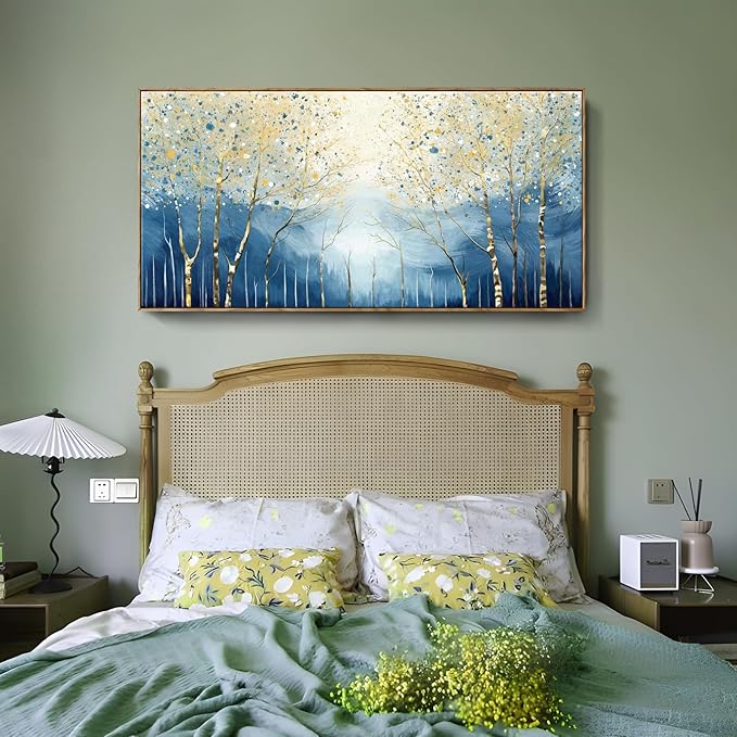 Extra Framed Modern Living Room Wall Art. Abstract Landscape Canvas Print Picture, Blue And Yellow Plant And Forest Artwork For Offices, Studies, Bedrooms, Dining Rooms, And Lounges. 58X29 Inches.