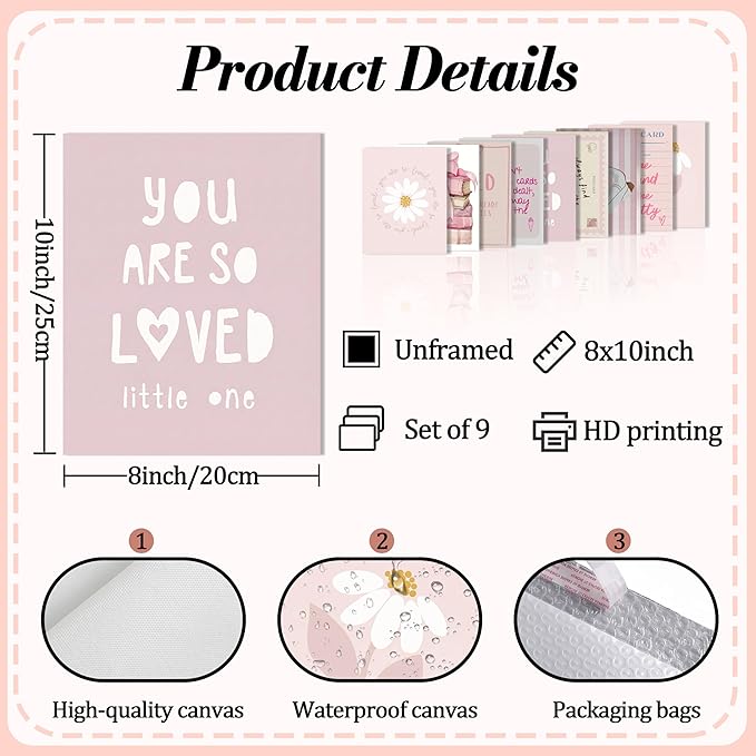 XYHYRA Pink Wall Art Painting Set of 9, Pink Preppy Girly Quote Canvas Prints Painting, Romantic Bow Books Daisy Poster Aesthetic Room Decor for Teen Girls Bedroom Dorm 8x10 Inch Unframed