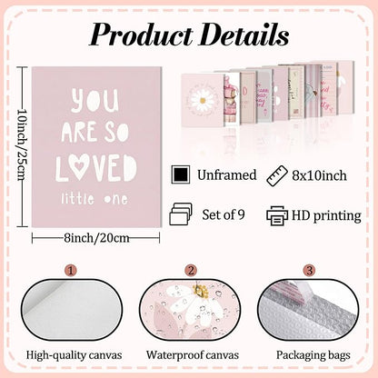XYHYRA Pink Wall Art Painting Set of 9, Pink Preppy Girly Quote Canvas Prints Painting, Romantic Bow Books Daisy Poster Aesthetic Room Decor for Teen Girls Bedroom Dorm 8x10 Inch Unframed