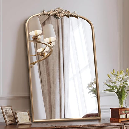Besdomus Large Antique Wall Mirror: 24"x36" French Arched Champagne Gold Vintage Wall Mounted Mirror - Traditional Ornate Home Decor for Entryway/Bedroom/Bathroom - Baroque Idea for Housewife