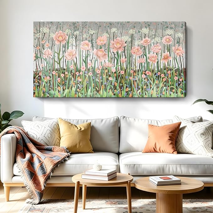 Large Pink Green And White Plant Wall Art For The Living Room， Natural Landscape Wildflower Canvas Print Picture， Modern Country Style Artwork For Living Rooms, Bedrooms, Kitchens, Dining Rooms, And Hallways. 48X24 Inches.