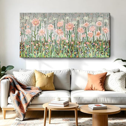 Large Pink Green And White Plant Wall Art For The Living Room， Natural Landscape Wildflower Canvas Print Picture， Modern Country Style Artwork For Living Rooms, Bedrooms, Kitchens, Dining Rooms, And Hallways. 48X24 Inches.