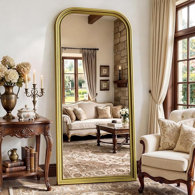 Full Length Mirror with Stand, 71"x32" Full Body Mirror, Floor Length Mirrors Wall Mounted with Rounded Top, Large Standing Mirrors, PU Frame, for Bedroom Living Room Cloakroom, Antique Gold