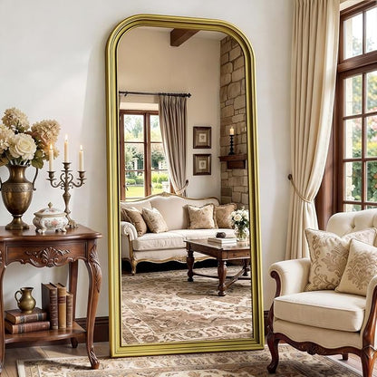 Full Length Mirror with Stand, 71"x32" Full Body Mirror, Floor Length Mirrors Wall Mounted with Rounded Top, Large Standing Mirrors, PU Frame, for Bedroom Living Room Cloakroom, Antique Gold