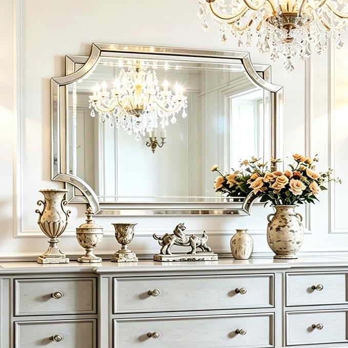 Chende 32" x 47" Large Wall Mirror for Living Room Decor, Modern Unique Decorative Mirror with Beveled Glass Scalloped Corner, Horizontal or Vertical Hanging for Entryway, Dining Room, Bathroom