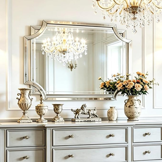 Chende 32" x 47" Large Wall Mirror for Living Room Decor, Modern Unique Decorative Mirror with Beveled Glass Scalloped Corner, Horizontal or Vertical Hanging for Entryway, Dining Room, Bathroom